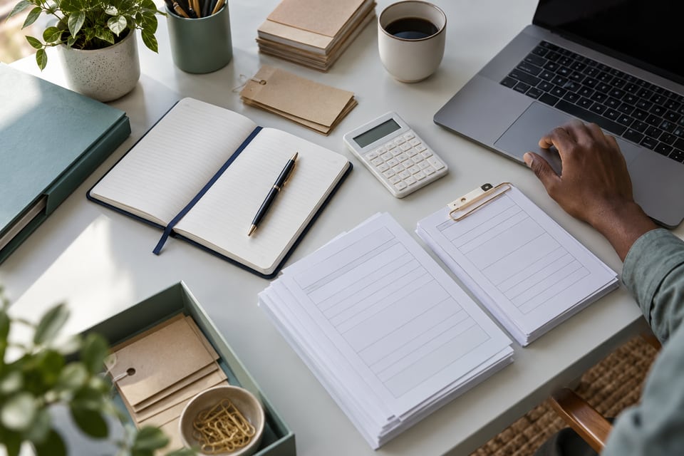 Illustrative business desk with order records and a laptop.